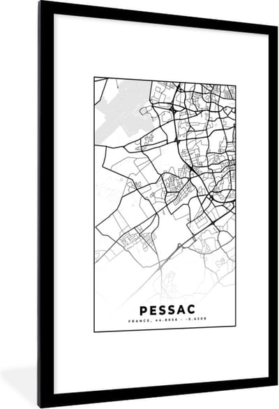 Fotolijst incl. Poster Zwart Wit- Kaart - Stadskaart - Frankrijk - Plattegrond - Pessac - Zwart wit - 80x120 cm - Posterlijst
