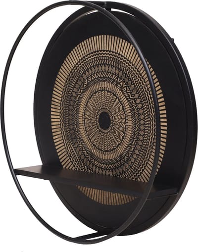 Wandrek Rond Zwart Metaal - Wandrek Industrieel Hout - Wandplank zwevend - Fotoplank Wandkast - Keuken / Hal / Woonkamer - Wandrek Hangend - Ø 68 cm - Industrieel Wandrek Rond - Mangohout / Staal