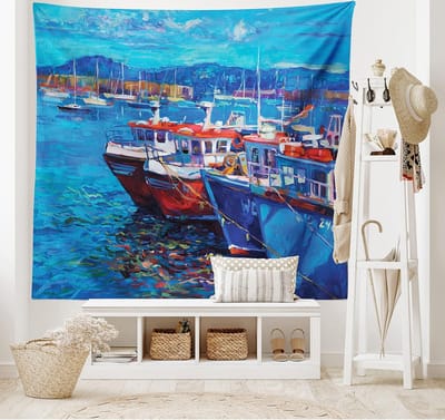 ABAKUHAUS maritiem wandtapijt, Haven aan Zee, woonkamer slaapkamer wanddoek Zijdezacht satijn wandtapijt, 150 x 100 cm, marineblauw rood