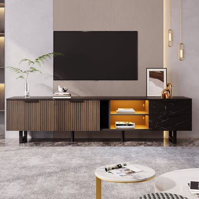 Wishdor - Tv-Meubel - 2 Deuren En 2 Laden - Ledverlichting Met Meerdere Kleuren - Zwarte Marmerlook En Donkere Houtnerf - 200 X 38 X 50 Cm