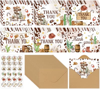 24 Rustieke Bedankkaarten Westerse Thema met Enveloppen en Stickers voor Babyborrel en Feestjes