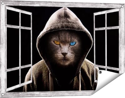 Gards Tuinposter Doorkijk Boze Kat Draagt een Hoodie - 90x60 cm - Tuindoek - Tuindecoratie - Wanddecoratie buiten - Tuinschilderij