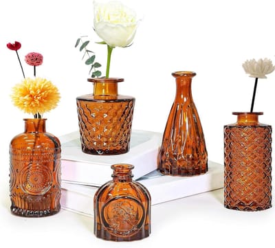 5 kleine glazen vazen voor bloemen, decoratieve vaas voor binnen, tafelvaas zonder bloemen, glazen vaas voor wooncultuur en decoratie voor de woonkamer