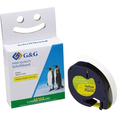 Schrijftape G&G, compatibel met Dymo 91222/S0721670, zwart op geel, zelfklevend, kunststof, L 4 m x B 12 mm, 1 stuk