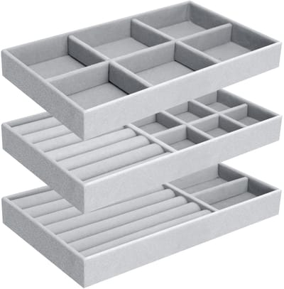 Dailygoods- Sieradenbox 3-delig - Opbergdoos voor Ringen/Oorbellen/Hangertjes - Verstelbare Indeling - Hoogwaardige Velvet - 21 x 12,5 x 2,5 cm - Juwelendoos