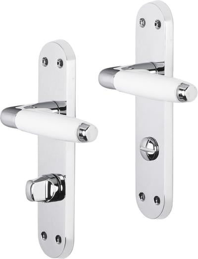 Deurkruk - Impresso Durban - Voor binnen - Ovaal deurschild met schroeven en toiletsluiting - Chroom - Wit - 2 stuks