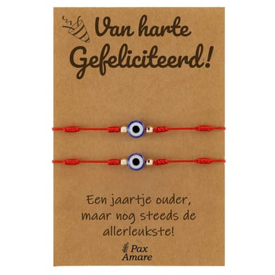 Vriendschapsarmbandjes voor 2 "Van Harte Gefeliciteerd" - Evil Eye - BFF Armbandjes met Verjaardags Cadeau Kaartje - Rood - Elastisch Verstelbaar - Pax Amare