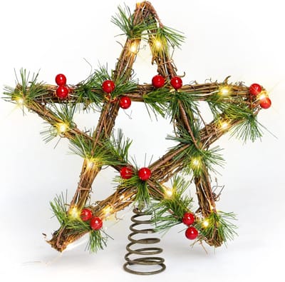 Kerstboom ster - Met rode bessen en dennennaalden - Met 10 LED-lampjes - Werkt op batterijen - 25*28cm - Retro boerderijstijl