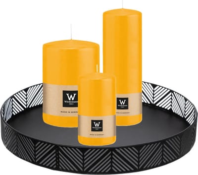 Wiedemann Cilinderkaarsen - stompkaarsen set - op zwart dienblad van metaal - 3x stuks - geel - 6 x 12 - 10x15 - 7x20 cm