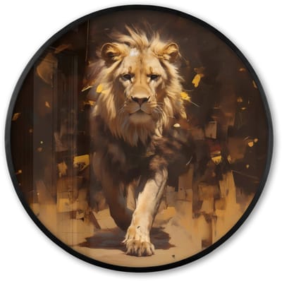 Poster in lijst Rond - Fotolijst 60x60 cm - Posters - Leeuw - Geschilderd - Abstract - Goud - Ronde posterlijst zwart - Decoratie - Wanddecoratie woonkamer - Muurdecoratie slaapkamer