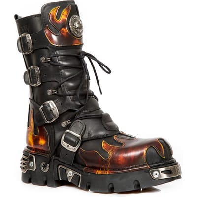 New Rock Flame geaccentueerde zwart/rode leren laarzen - 591-S1