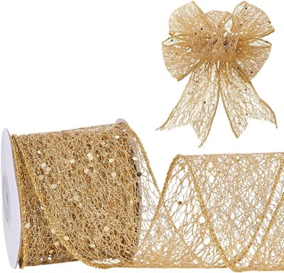 Sprankelend glittergaaslint, 6,3 cm breed kerstlint met bedrade rand, sprankelend stoffen lint voor huisdecoratie, strik, cadeauverpakking, naai-accessoires, goud