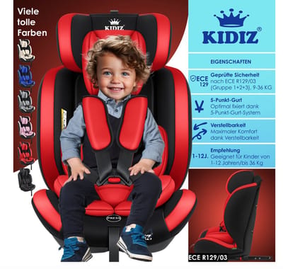 KIDIZ® Premium Kinderautostoel Groep 1+2+3, 9-36 kg, 5-punts veiligheidsgordel, auto