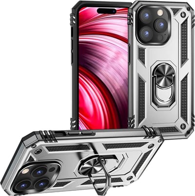 Casemania Hoesje Geschikt voor Apple iPhone 14 Pro - Grijs - Anti-Shock Hybrid Armor Back Cover - Hoes met Kickstand Ring