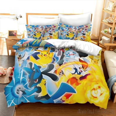Pokemon Beddengoed Set Cartoon Anime Kinder Slaapkamer Dekbedovertrek Jongen Meisje Beddengoed Enkel Dubbel King Pikachu Dekbedovertrek Cadeau 220*240cm 3pcs