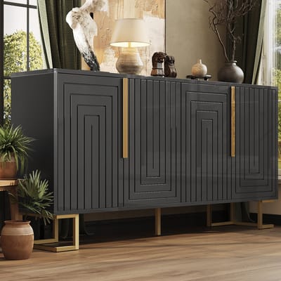 Dressoir - 152x40x75 cm - Geometrisch Design Met Gouden Grepen En Poten - Hout - Zwart