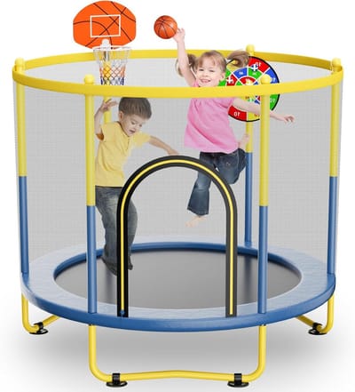 Kindertrampoline Vierkant - Binnenspeelgoed Peuters - Buiten Spelen - Met Basketbalring En Dartbord - 72 inch - Blauw Geel