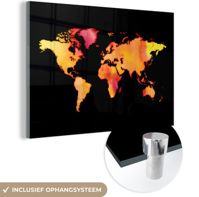 ® Glasschilderij 150x100 cm - Schilderij acrylglas - Wereldkaart - Aquarel - Kleuren - Foto op glas - Muurdecoratie woonkamer - Wanddecoratie slaapkamer - Schilderijen