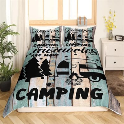 Happy Camping Dekbedovertrek King, Zomer Kamperen Decoratie Beddengoed Voor Jongen Tieners Familie, Strandvakantie Stijl Dekbedovertrek Set 210x210cm 3pcs