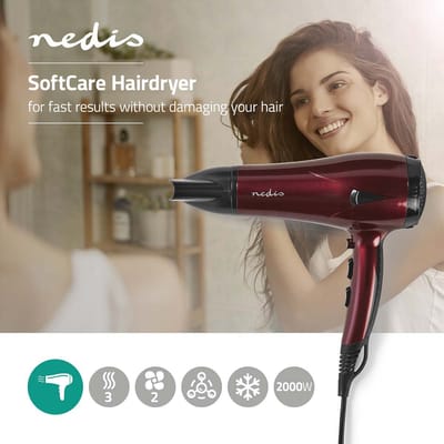 Nedis Föhn - 2000 W - Concentrator / Verdeler - 3 Warmte Standen - 2 Snelheden - Oververhittingsbeveiliging - 1.80 m - Rood/Zwart - Kunststof