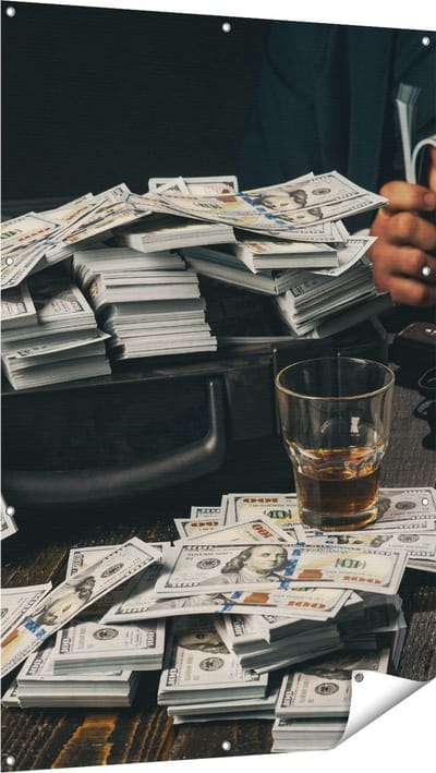 Gards Tuinposter Dollar Geld Briefjes op Tafel van de Maffia - 100x150 cm - Tuindoek - Tuindecoratie - Wanddecoratie buiten - Tuinschilderij