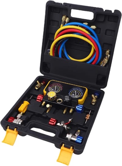 HVAC Spruitstukmeters - Koelmiddel Set - AC Onderhoud - Messing 4-Weg - 1.5m Slangen - Zwart