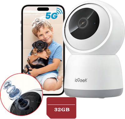 ieGeek SC1 Pro Beveiligingscamera binnen - 5MP Ultra HD - Huisdiercamera met app - Beveiligingscamera's - Wifi Camera APP - Volgt beweging en geluidsdetectie - Bewakingscamera - 2.4/5 GHz - Wit - 32GB Kaart