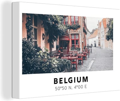 Canvas Schilderij Terras - België - Rood - Café - 30x20 cm - Wanddecoratie