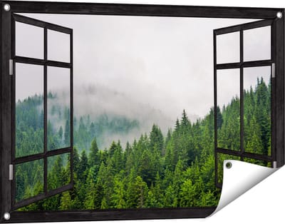 Gards Tuinposter Doorkijk Groen Bos met Bomen tijdens de Mist - 90x60 cm - Tuindoek - Tuindecoratie - Wanddecoratie buiten - Tuinschilderij