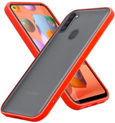 Cadorabo Hoesje geschikt voor Samsung Galaxy A11 / M11 in Mat Rood - Zwarte Knopen - Hybride beschermhoes met TPU siliconen Case Cover binnenkant en matte plastic achterkant