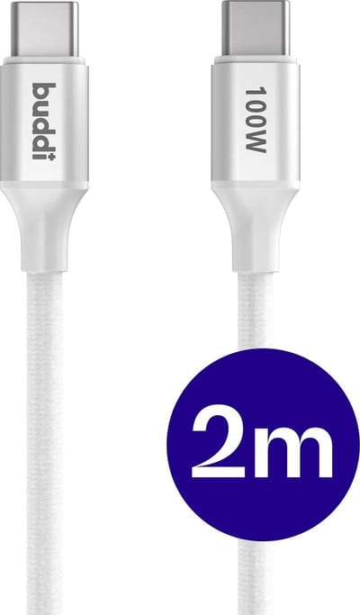 Buddi Flex | USB-C naar USB-C Kabel | 100W Super Fast Charge | Power Delivery Snelladen | 480Mbps Dataoverdracht | Gevlochten Nylon | 2 Meter | 2M Wit