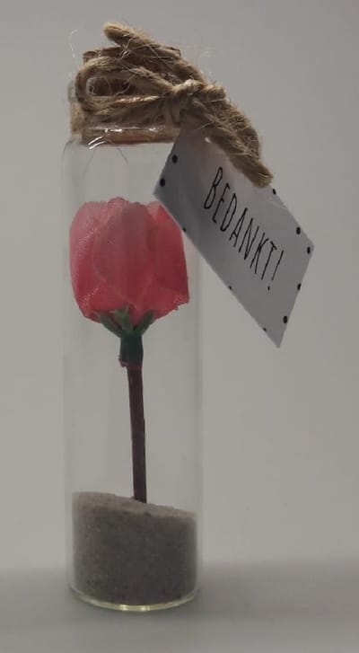 Bedankt! Dit lieve bloemetje wat voor altijd bewaard kan blijven in een miniglaasje, circa 6 cm hoog is een bijzonder cadeautje voor elke gelegenheid. Een speciaal geschenk wat het hele jaar door gegeven kan worden.