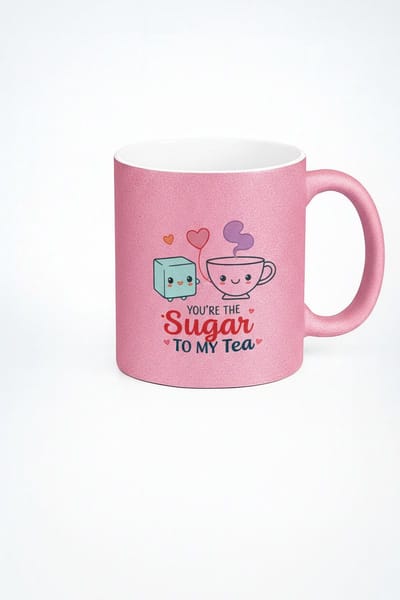 Roze Glitter Theemok - 'You're the Sugar to my Tea' Mok met Schattige Suiker en Thee Ontwerp - Perfect Liefdescadeau & Valentijnscadeau