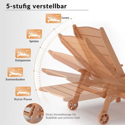 Ligstoel met Wielen 194x62x95 cm – Verstelbare Rugleuning (5 Standen) met Platte Ligpositie, Uitschuifbaar Zijtafeltje, Weerbestendig HIPS Materiaal – Luxe Tuin Ligbed voor Zwembad, Terras & Strand – Nicolehome