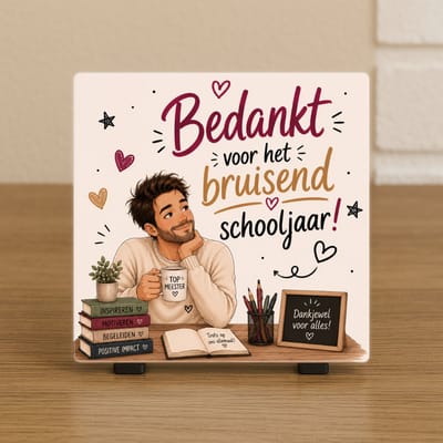 Wenstegeltje "Bedankt voor het bruisend schooljaar! Meester" – Woondecoratie – Spreuktegel – Trendy nu – Afscheid school, Meester – Decoratie – Zomaar – Decoratief Tegeltje met Standaard – Cadeau Idee
