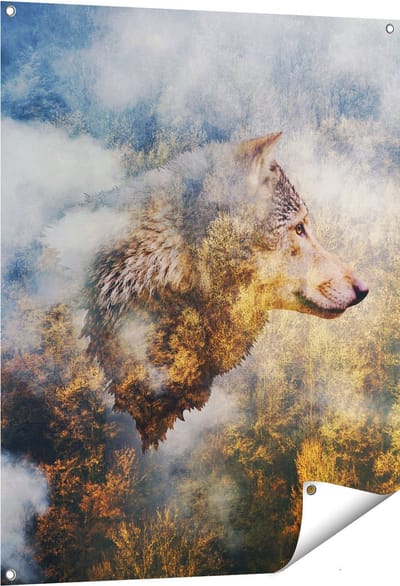 Gards Tuinposter Wolvenkop op een Herfstbos - Wolf - Abstract - 80x100 cm - Tuindoek - Tuindecoratie - Wanddecoratie buiten - Tuinschilderij