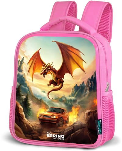 NoBoringSuitcases.com® - Rugzak roze - Schooltas meisjes - Vliegende draak boven vurige bergweg - Kinder rugtas meisje - Boekentas kind - Kinderrugzak voor school - Schoolrugzak