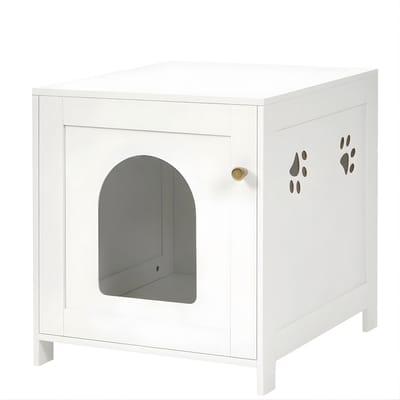 Kattenbak Kast – Voor Binnenkatten – Verborgen Kattenbak Meubel 52 cm, Houten Kattenhuis met Boogvormige Voordeur, Bijzettafel – Wit