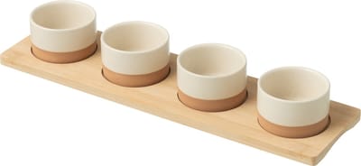 J-Line tapasplank 4 kommen + bambouschaal In Doos - keramiek/hout - wit/naturel
