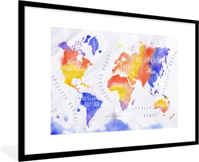 Poster in lijst - Fotolijst 90x60 cm - Posters - Wereldkaart - Waterverf - Rood - Blauw - Posterlijst zwart - Decoratie - Wanddecoratie woonkamer - Muurdecoratie slaapkamer