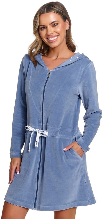 Doctor Nap Velours Badjas Dames Met Capuchon Rits en Zakken SWO.1008 Sky Blue 46 / 3XL