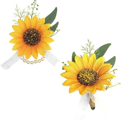 Zonnebloem Corsage Set - Polsbloem Bruidegom - Bruiloft Accessoires - Levensecht Zijden Ontwerp - 2 Delig - Geel