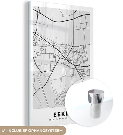 MuchoWow® Glasschilderij 120x180 cm - Schilderij acrylglas - Kaart – Plattegrond – Stadskaart – Eeklo – België – Zwart Wit - Foto op glas - Schilderijen