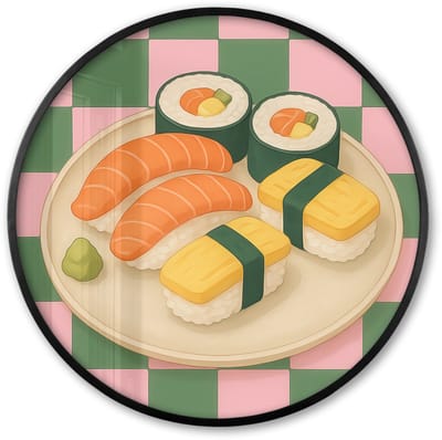 Poster in lijst Rond - Fotolijst 60x60 cm - Posters - Sushi - Bord - Geblokt - Groen - Ronde posterlijst zwart - Decoratie - Wanddecoratie woonkamer - Muurdecoratie slaapkamer