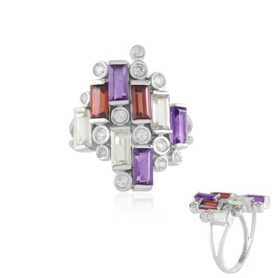 Cavill - Zilveren Ring met Zambia-Amethisten 0.929ct & Mozambique Granaten - 925 Sterling Zilver - Geometrisch Design - Edelstenen Sieraad