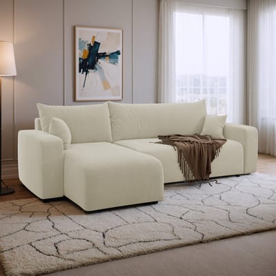 Hoekbank met opbergruimte Romee - Universeel - Teddy stof - Creme - Slaapbank met opbergruimte - Lounge Links of Rechts - Direct Leverbaar - Hoekzetel - Chaise longue - Zetel met slaapgedeelte - 3 zits - Zitcomfort Medium