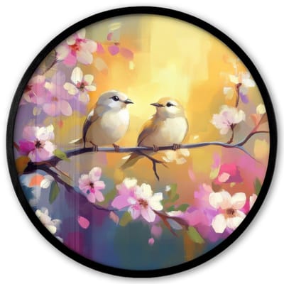 Poster in lijst Rond - Fotolijst 40x40 cm - Posters - Vogels - Bloemen - Roze - Ronde posterlijst zwart - Decoratie - Wanddecoratie woonkamer - Muurdecoratie slaapkamer