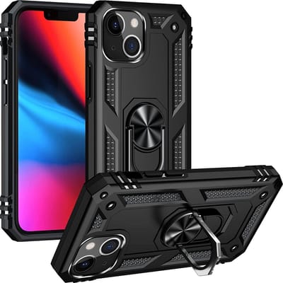 HB Hoesje Geschikt voor Apple iPhone 13 - Zwart - Anti-Shock Hybrid Armor Back Cover - Hoes met Kickstand Ring