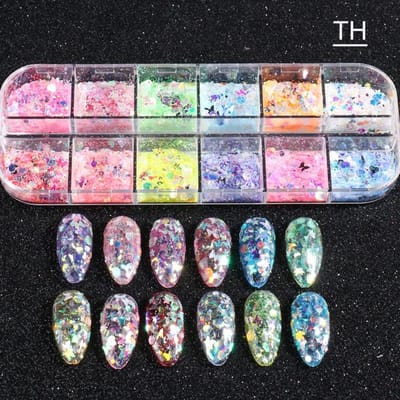 12 Raster Holografische Nagelvlok Fluorescerende Nagel Glitter Poeder Vlinder Kameleon Onregelmatige Laser Gradiënt Folie Decoratie