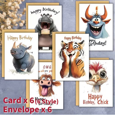 12 Stuks Verjaardagskaarten met Enveloppen – Grappige Afrikaanse Dieren Design – Set van 6 Unieke Kaarten – Happy Birthday Wenskaarten voor Familie, Vrienden, Kinderen en Collega’s